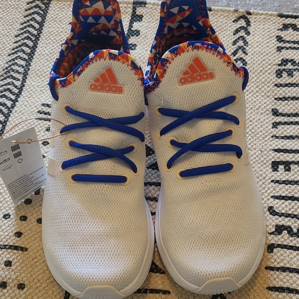 FARM RIO Adidas Womens White Sneakers with Blue Laces and Red Logo
